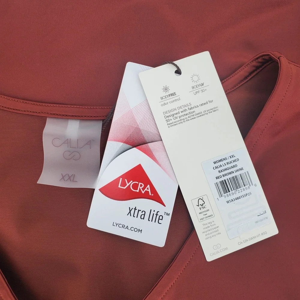 CALIA‎ Womens XXL Ruched Rash Guard Swim Top Red Brown Shine Long Sleeve UPF 50